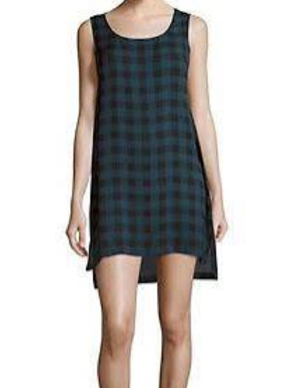 Eileen Fisher 100% Silk Buffalo Check Plaid Sleeveless Tunic Dress Gray Black